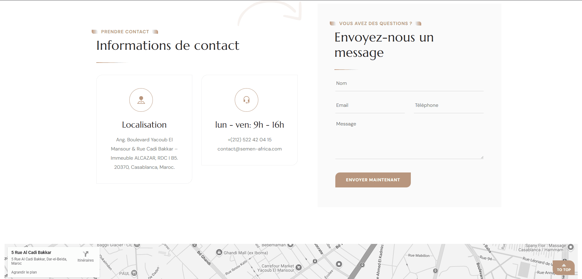 Page de contact avec localisation Casablanca